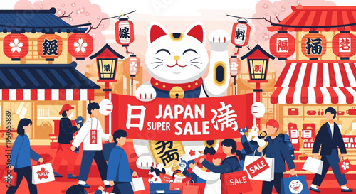 Japan Super Sale: Cheerful Maneki Neko Cat, Shoppers, Festive Market Scene