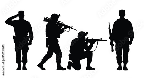 Silhouetted depiction of four soldiers in various tactical stances representing military personnel and defense high quality professional detailed modern