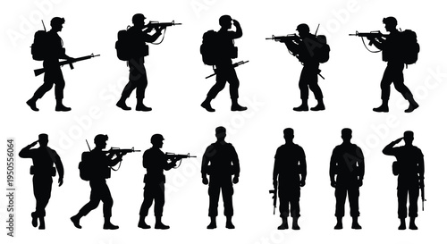A silhouette illustration depicts a group of soldiers in various combat and salute poses emphasizing military strength high quality