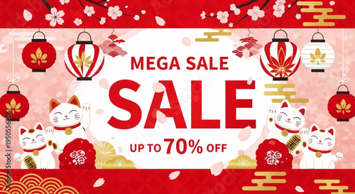 Mega Sale Banner with Lucky Cats and Japanese Lanterns
