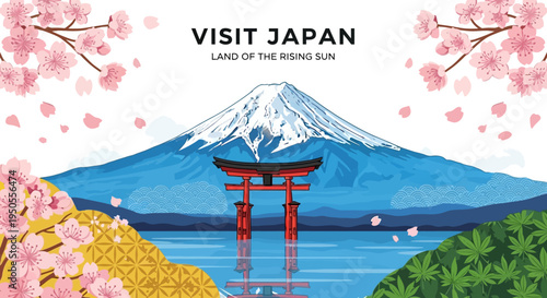Visit Japan: Iconic Mount Fuji, Torii Gate, and Cherry Blossoms