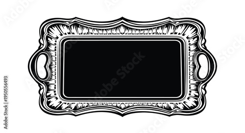 An ornate black and white rectangular frame with decorative flourishes and handles resembling a vintage tray high quality professional detailed modern