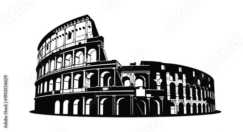 A striking black and white illustration depicts the colosseum in rome showcasing its ancient architectural grandeur and iconic design