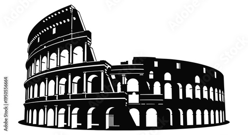 A striking black and white vector illustration depicts the colosseum in rome italy showcasing its ancient architectural grandeur