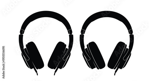 A stark minimalist image showcases two identical pairs of over ear headphones in solid black silhouettes high quality professional detailed