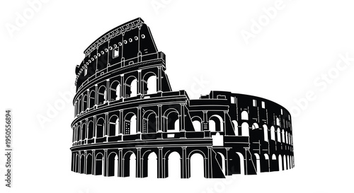 A striking black and white illustration depicts the colosseum in rome showcasing its iconic arched architecture and historical grandeur