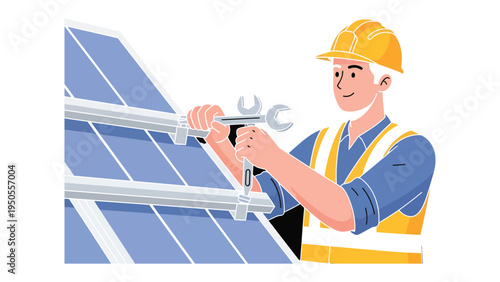 Sustainable Technician: A skilled technician, clad in a safety vest and hard hat, meticulously works on solar panels with a wrench. Illustrating a pivotal role in the renewable energy