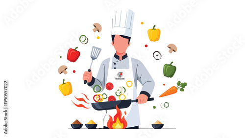 Chef at Work: Capturing a culinary expert in the midst of a culinary creation, artfully tossing colorful vegetables, mushrooms, and spices in a hot pan.