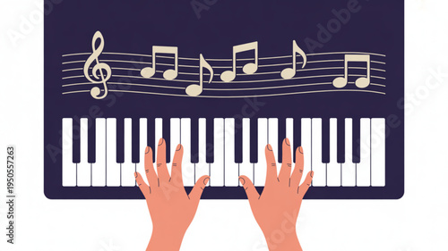 Hands playing a piano keyboard with musical notes on staff flat vector illustration for music education and entertainment concepts