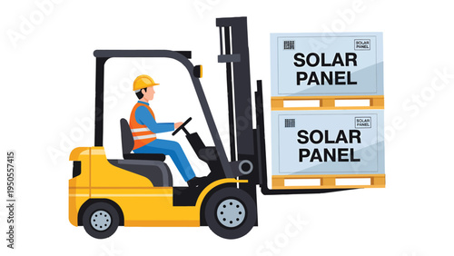 Solar Panel Delivery: A forklift operator skillfully transports solar panel boxes, highlighting the logistics of green energy installation and environmental responsibility.