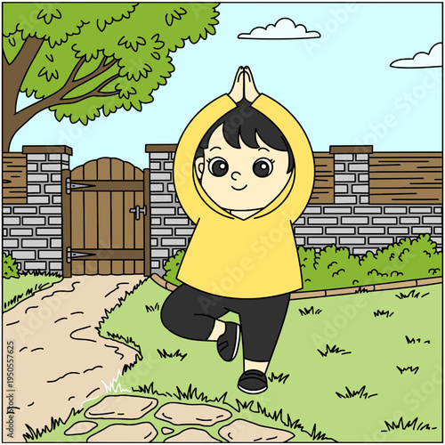 vector illustration of a cute little girl doing yoga