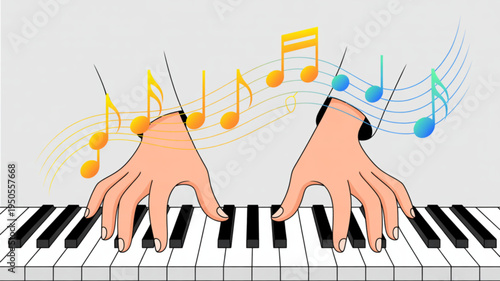 Hands playing piano with colorful musical notes illustration for music education performance and creative concepts