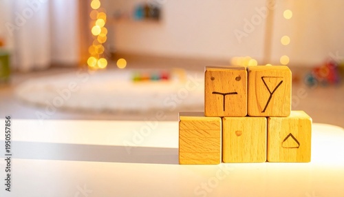 Wooden blocks with faces and shapes arranged in rows, warm lights in background, playful cozy learning atmosphere.