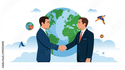 Businessmen shaking hands in front of a globe symbolizing global partnership and international cooperation flat vector illustration for corporate concepts
