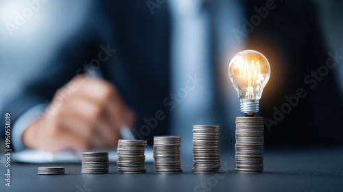 Stacks of coins with glowing light bulb and person writing