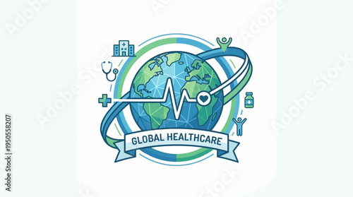 Global Healthcare Network Concept A vibrant globe encircled by medical symbols and a vital heartbeat line, representing universal health access, integrated services, and worldwide wellness