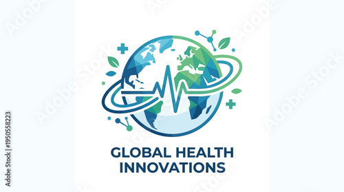 Abstract graphic featuring a globe intertwined with a heartbeat line and nurturing leaves, signifying global health innovation and sustainable medical advancements and well-being
