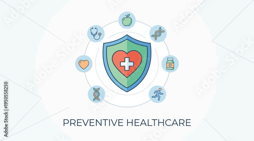 Preventive Healthcare Concept Showing Shield with Heart and Medical Icons in a Circular Arrangement