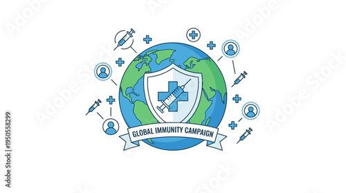 Conceptual illustration depicting a robust Global Preventive Healthcare System, emphasizing worldwide vaccination efforts for achieving community immunity and public health protection