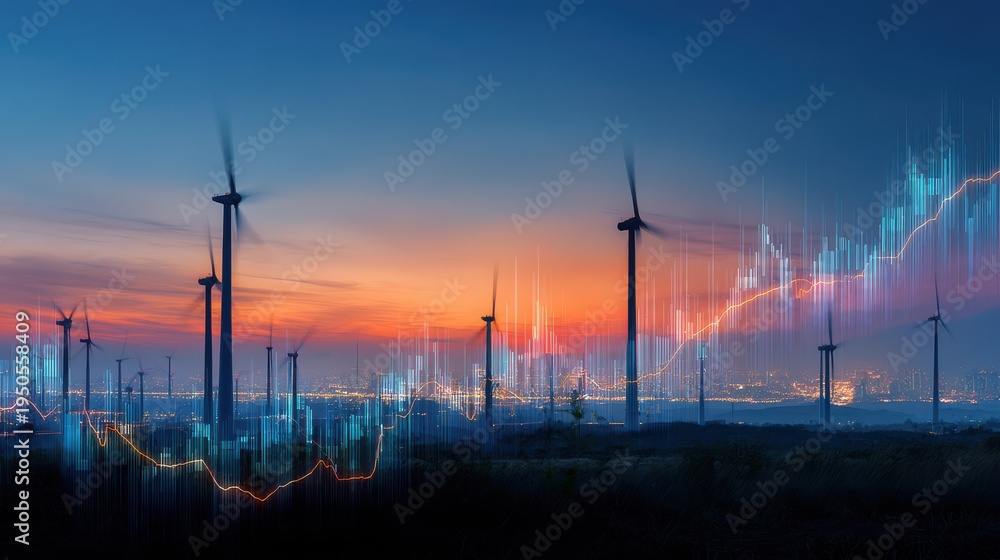 Obraz premium Wind turbines farm with digital energy growth graph overlay
