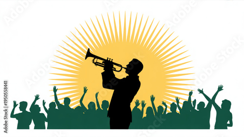 Silhouette of a trumpet player performing for a cheering crowd with a radiant sunburst behind representing music festival and live concert celebration