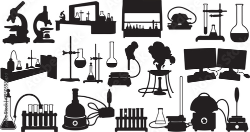 Line art close up science icon set atom microscope dna flask pipette petri dish simple black vector illustration minimal isolated