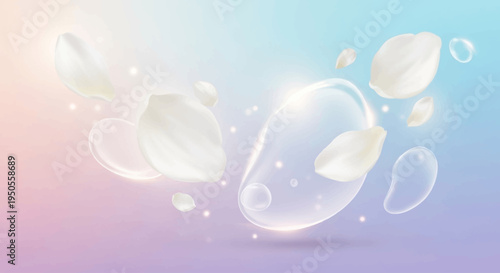 Serene Petals and Bubbles: Delicate petals and translucent bubbles dance against a soft, gradient background, evoking a sense of purity and tranquility.