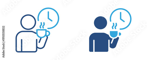 Coffee break icon set. Person drinking hot coffee with clock icon, break time and relaxation concept. Vector illustration.
