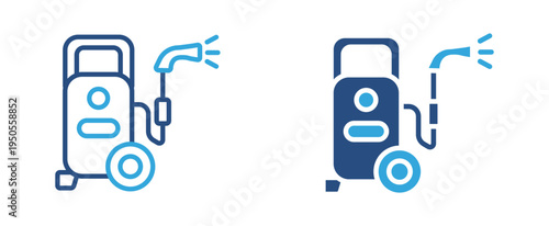 Pressure washer icon set. High pressure water cleaner machine with spray gun icon, cleaning equipment concept. Vector illustration.