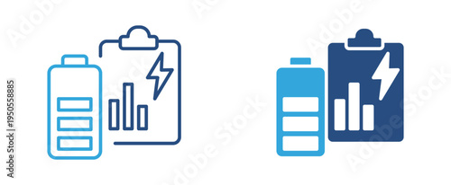 Battery analytics icon set. Battery with data report clipboard icon, energy monitoring and power management concept. Vector illustration.