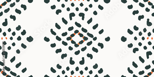 Abstract pattern with dark spots and orange diamond shapes on cream