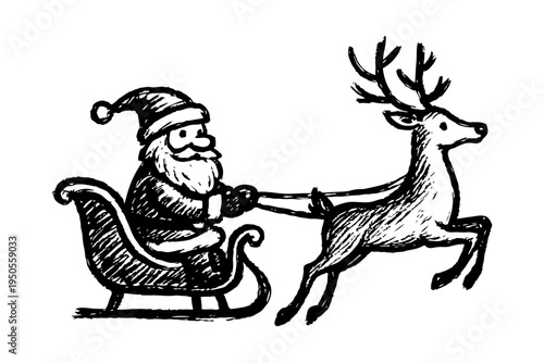 Hand-drawn sketch of Santa Claus riding a sleigh pulled by a reindeer, ink style on white background, concept of Christmas holiday tradition