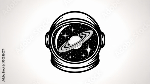 Astronaut helmet reflecting a starry galaxy with Saturn vector illustration for space exploration and science concepts isolated on white