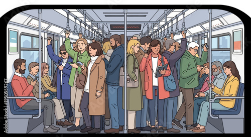 Crowded Subway Train Interior with Diverse Passengers Commuting