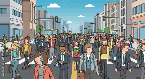 Diverse crowd crossing busy city street during rush hour, urban commute illustration
