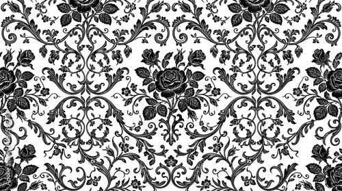 Intricate black and white floral damask pattern with swirling vines and roses, suitable for textiles