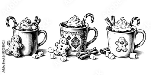Three holiday-themed mugs filled with whipped cream, candy canes, and gingerbread cookies in engraved sketch style on white background