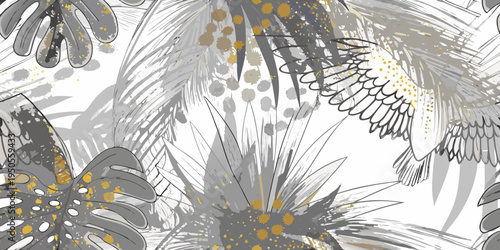 Stylized tropical leaves and birds in a grey and gold palette