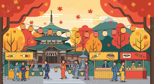 Japanese Autumn Festival: Traditional Temple, Food Stalls, People in Kimonos, Maple Leaves