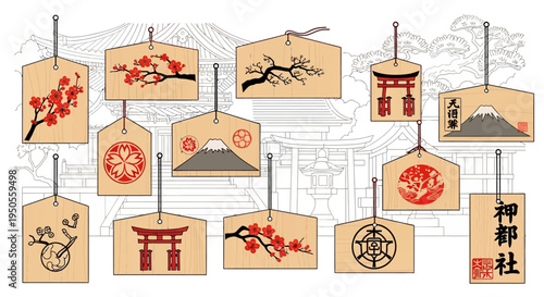 Japanese Ema Prayer Tablets with Traditional Symbols and Scenery