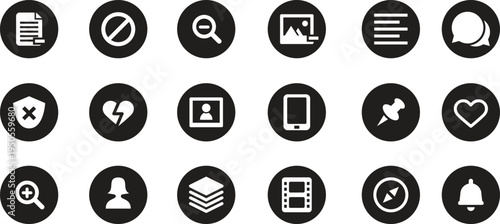 Collection of 18 black and white icons on a white background