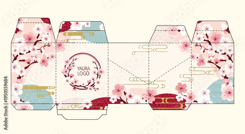 Cherry Blossom Packaging Design Template, Sakura Flowers, Japanese Style Box Layout