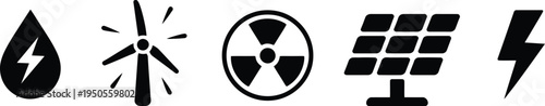 Renewable and Alternative Energy Source Icons: Water, Wind, Nuclear, Solar, Electricity