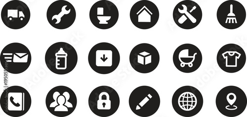 Collection of 20 black and white icons for various services and objects