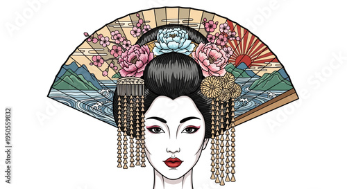 Elegant Geisha Portrait with Traditional Fan and Floral Headdress