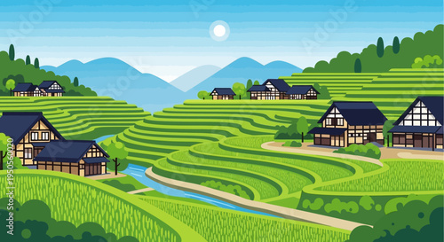 Idyllic Japanese Rice Terraces Village with Traditional Houses and Mountains