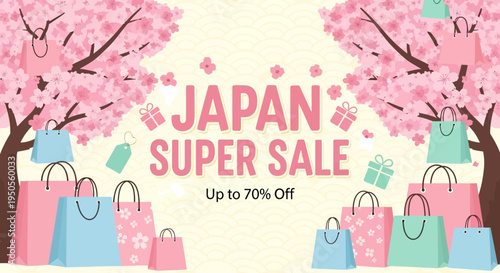 Japan Super Sale Banner with Cherry Blossoms and Shopping Bags - Up to 70% Off