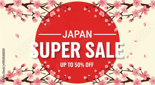 Japan Super Sale Banner with Cherry Blossoms and 50% Off Discount