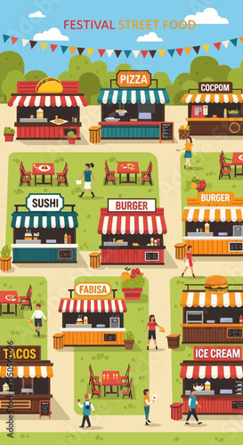 Street Food Festival Scene with Diverse Food Stalls and People Enjoying Outdoors