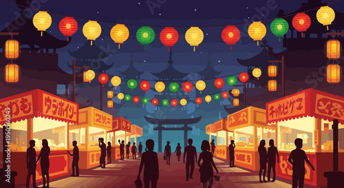 Japanese Night Market Festival with Lanterns and Food Stalls